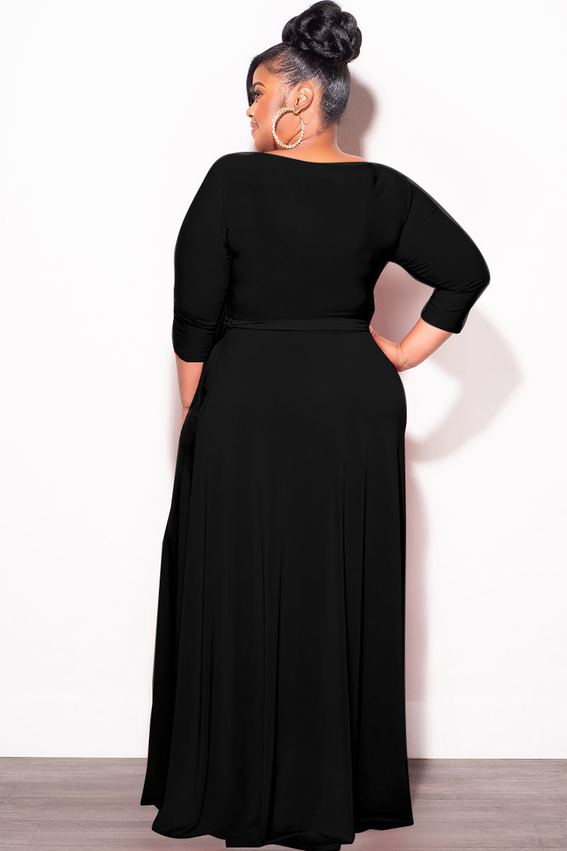 Final Plus Size Long Dress with 3/4 Sleeve and Tie in Black