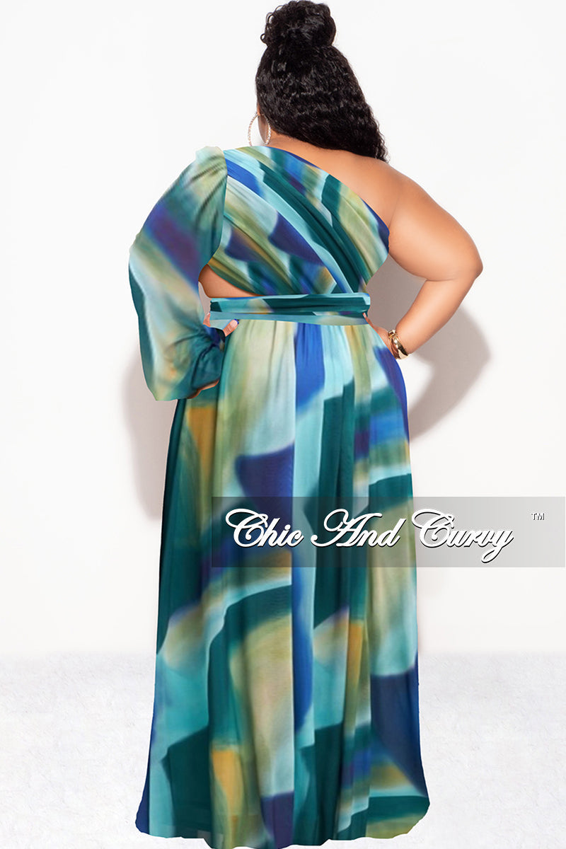 Final Sale Plus Size One Shoulder Sheer Mesh Dress with Cutout and Front Slit in Blue Multi Color