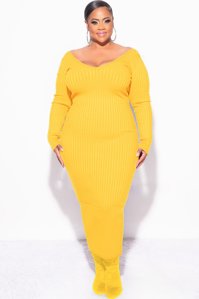 Final Sale Plus Size BodyCon Ribbed Knit Dress in Gold Yellow (Mustard)