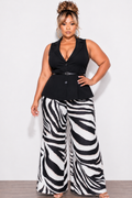 Final Sale Plus Size 2pc Sleeveless Black Belted Vest and Linen Pant Set in Black & Brown Mixed Zebra Print