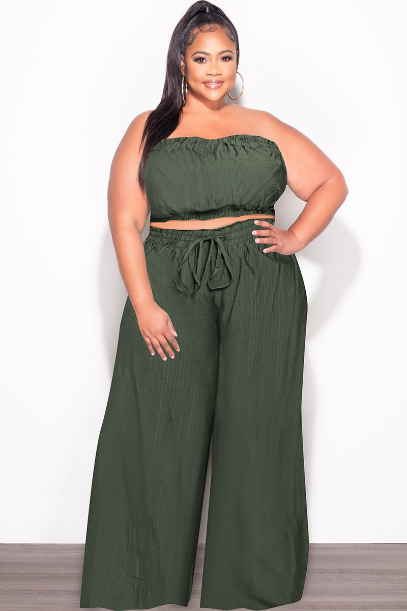 Final Sale Plus Size 2pc Strapless Crop Top and Flare Pants Set In Dark Green
