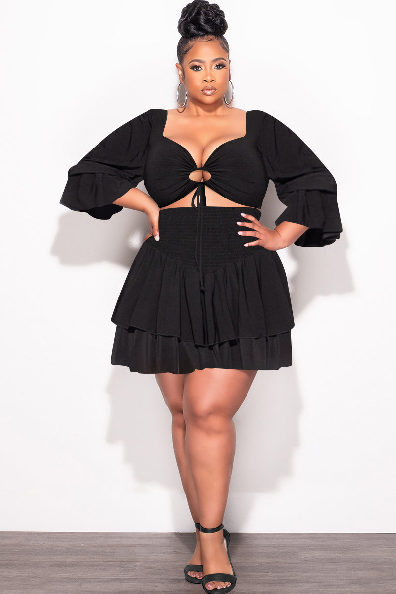 Final Sale Plus Size 2pc Set Off the Shoulder Crop Tie Top and Ruffle Layered Hem Mini Skirt in Black
