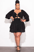 Final Sale Plus Size 2pc Set Off the Shoulder Crop Tie Top and Ruffle Layered Hem Mini Skirt in Black