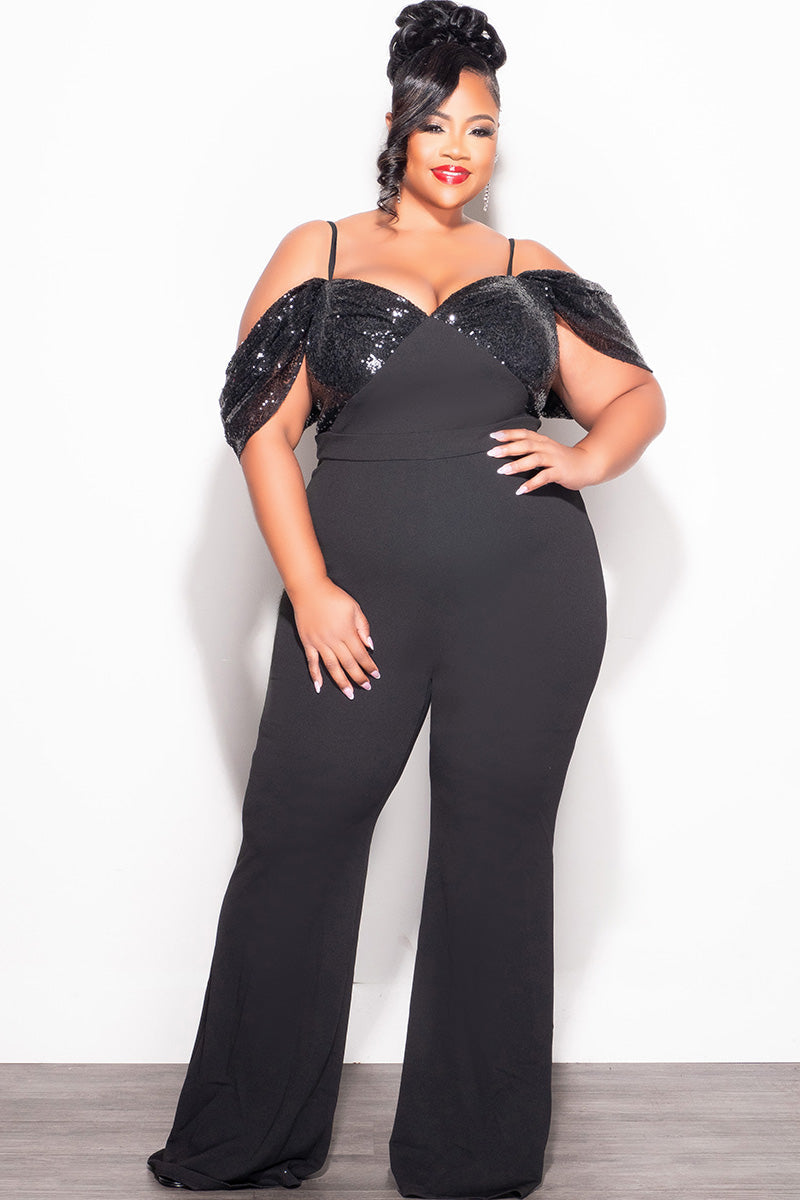 Final Sale Plus Size Off The Shoulder Faux Wrap Sequin Jumpsuit Black
