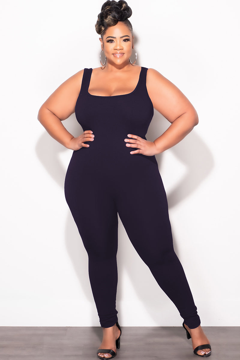 Final Sale Plus Size tick Ribbed Catsuit Unitard in Black