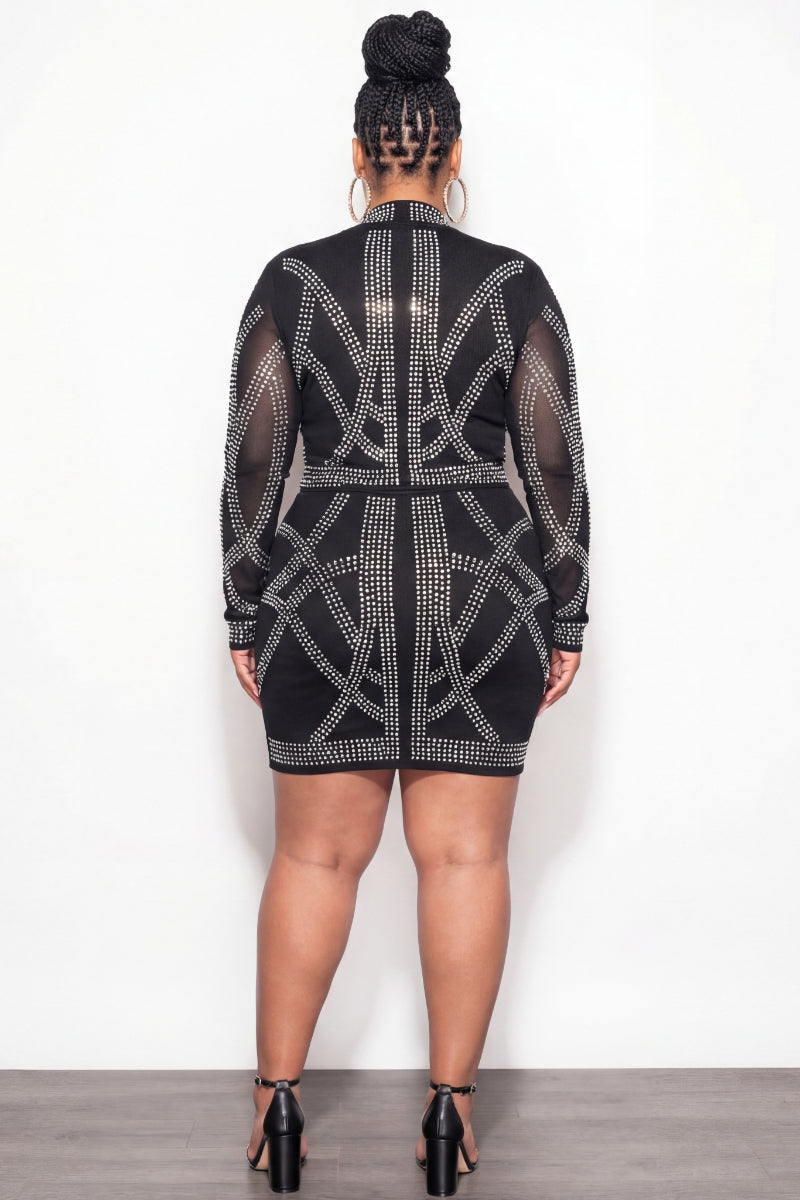 Final Sale Plus Size Iridescent Rhinestone Embellished Mini Dress in Black