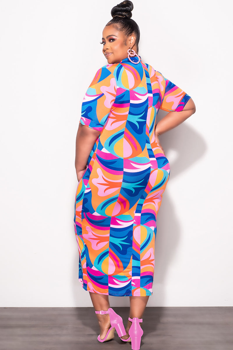 Final Sale Plus Size Collar Button Up BodyCon Dress In Multi Color "Mercy Me" Print