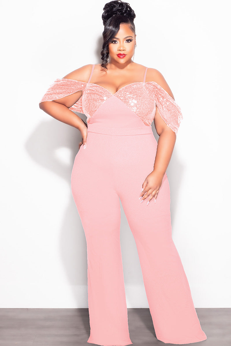 Final Sale Plus Size Off The Shoulder Faux Wrap Sequin Jumpsuit Mauve Pink