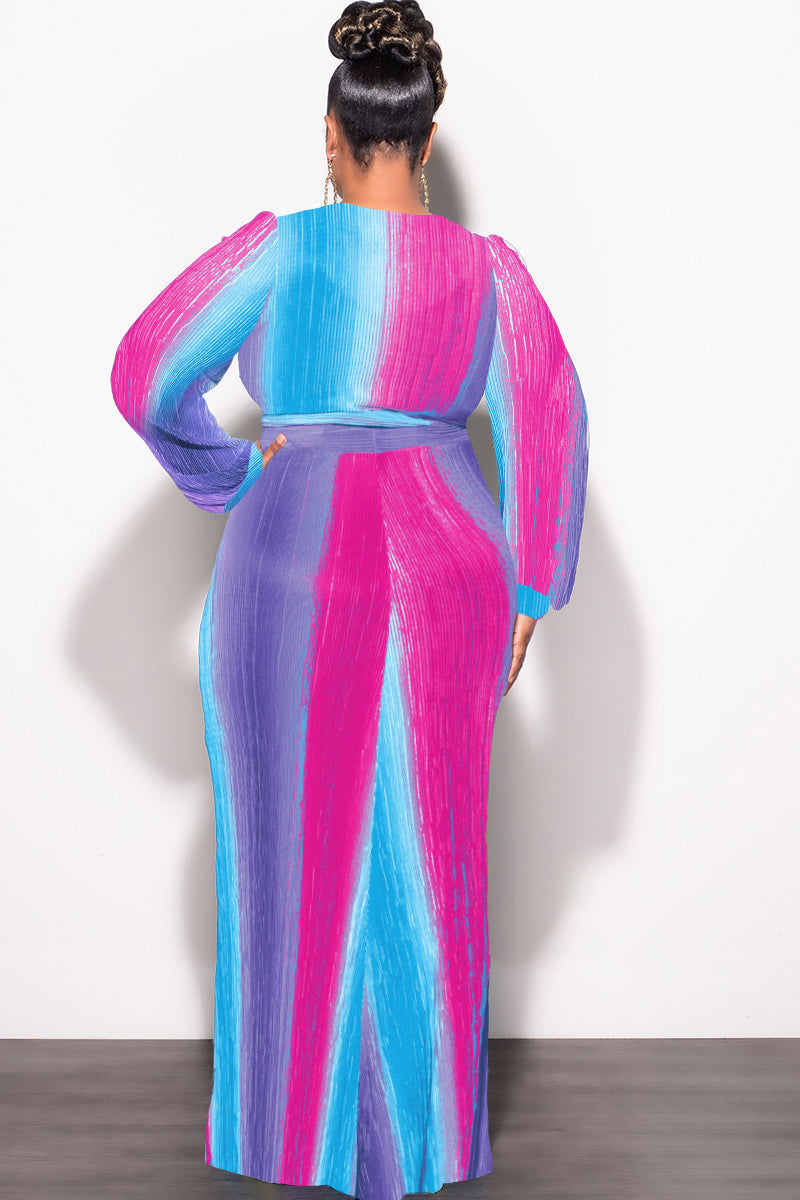 Final Sale Plus Size 2pc Long Sleeve Crop Tie Top and Skirt Set in Pleated Purple Magenta and Turquoise