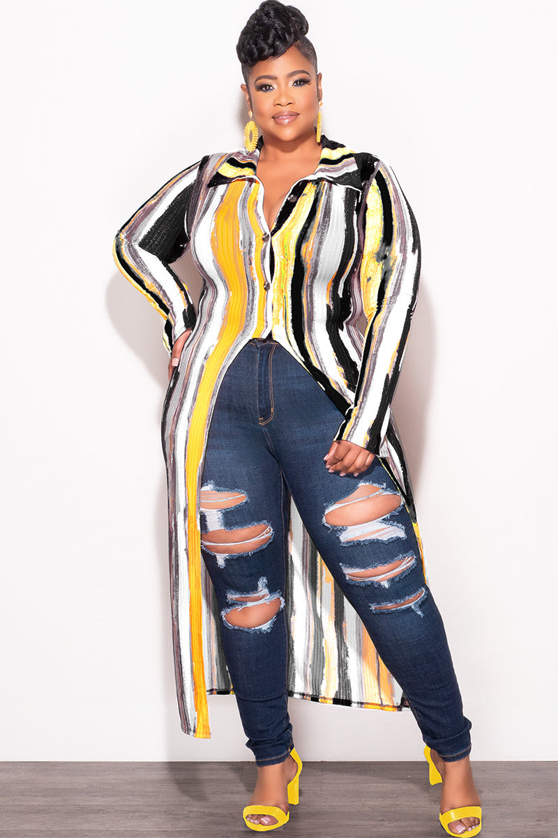 Final Sale Plus Size Ribbed Collar Button Up High-Low Top in Mustard Black and White