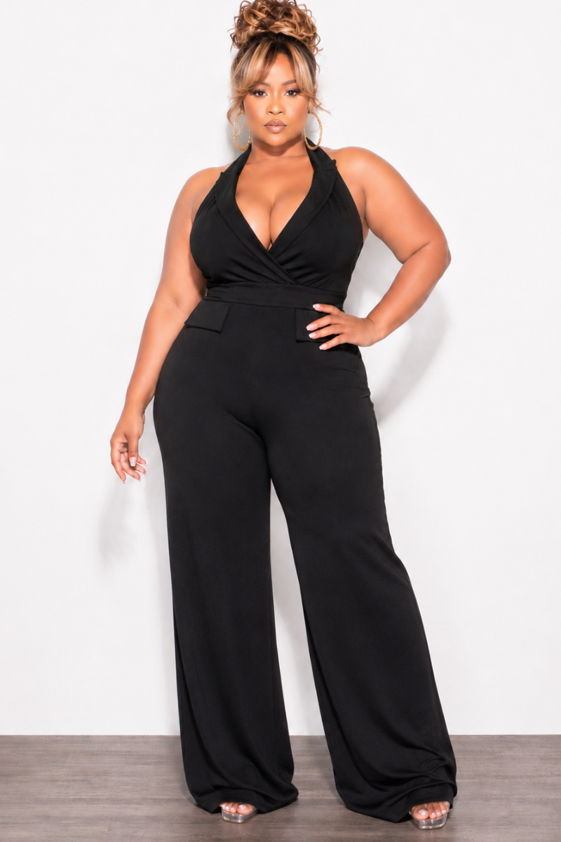 Final Sale Plus Size Faux Wrap Halter Jumpsuit in Black