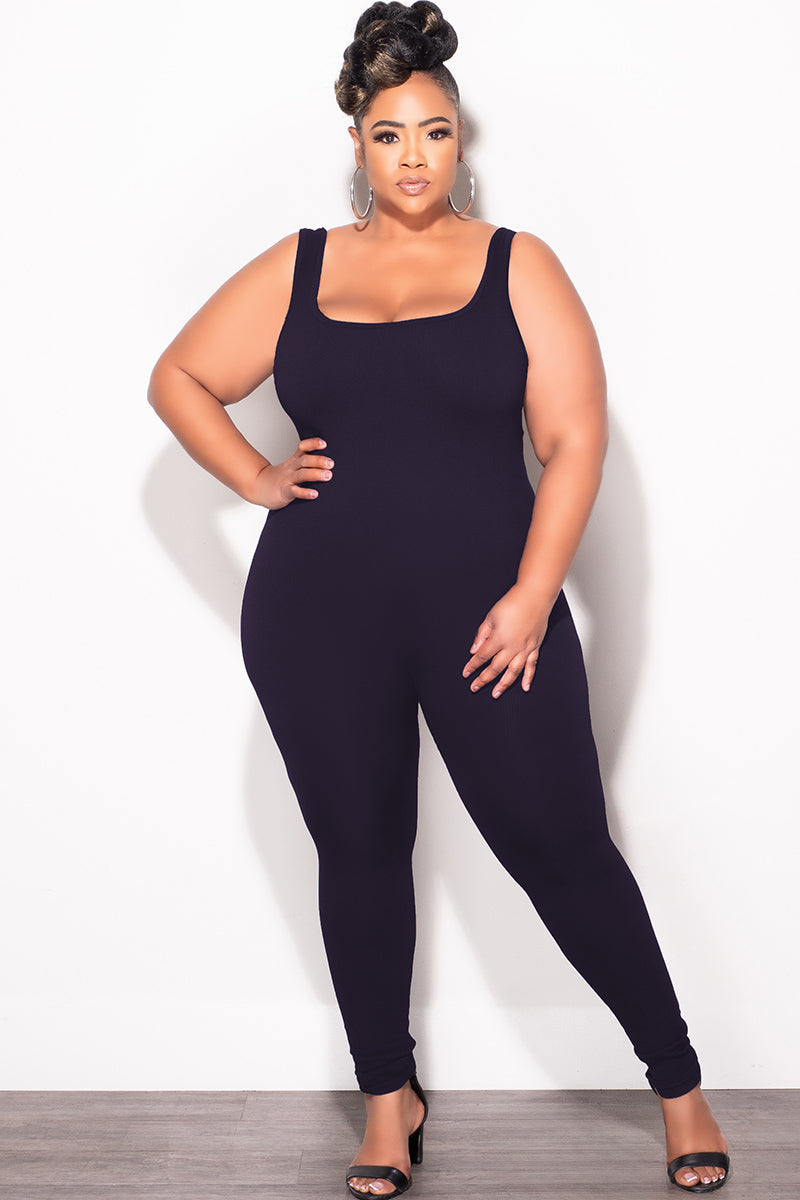 Final Sale Plus Size tick Ribbed Catsuit Unitard in Black