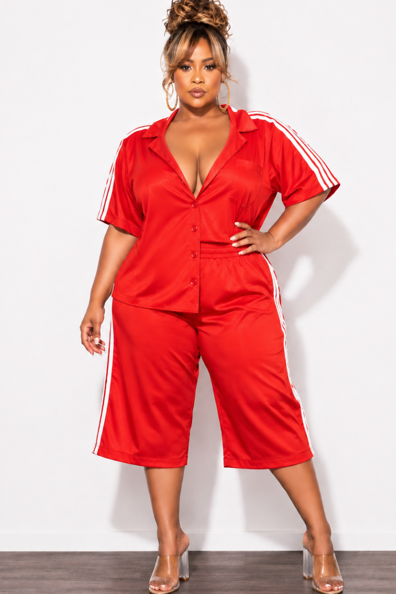 Final Sale Plus Size 2pc Windbreaker Top & Matching Jort Shorts in Red & White Stripes