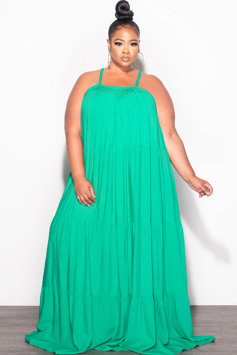 Final Sale Plus Size Long Halter Dress with Back Tie in Green