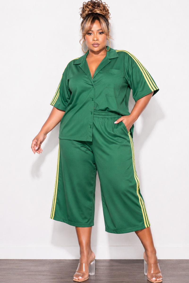 Final Sale Plus Size 2pc Windbreaker Top & Matching Jort Shorts in Green & Yellow Stripes