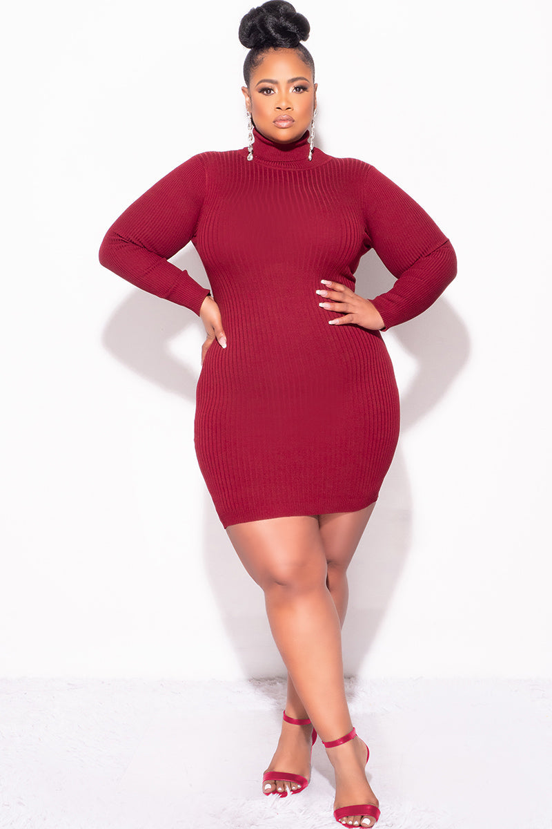 Final Sale Plus Size Ribbed Turtle Neck Dress in Burgundy