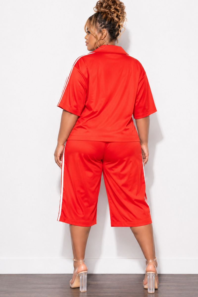 Final Sale Plus Size 2pc Windbreaker Top & Matching Jort Shorts in Red & White Stripes