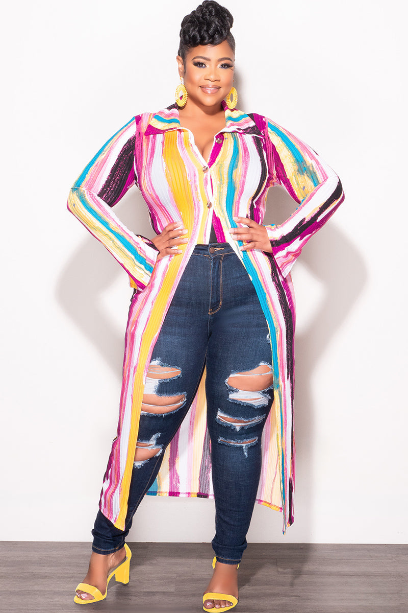 Final Sale Plus Size Ribbed Collar Button Up High-Low Top in Mustard Multi Color Print