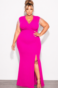Final Sale Plus Size Faux Wrap Rhinestone Fringe Sleeve Maxi Dress in Fuchsia