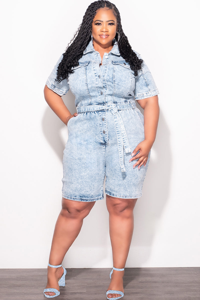 Final Sale Plus Size Collar Button Up Romper in Light Acid Wash