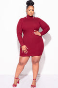 Final Sale Plus Size Ribbed Turtle Neck Dress in Burgundy