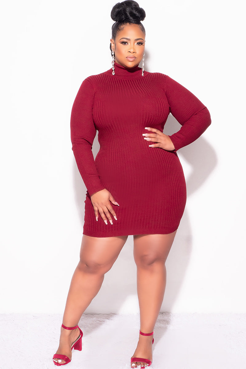 Final Sale Plus Size Ribbed Turtle Neck Dress in Burgundy