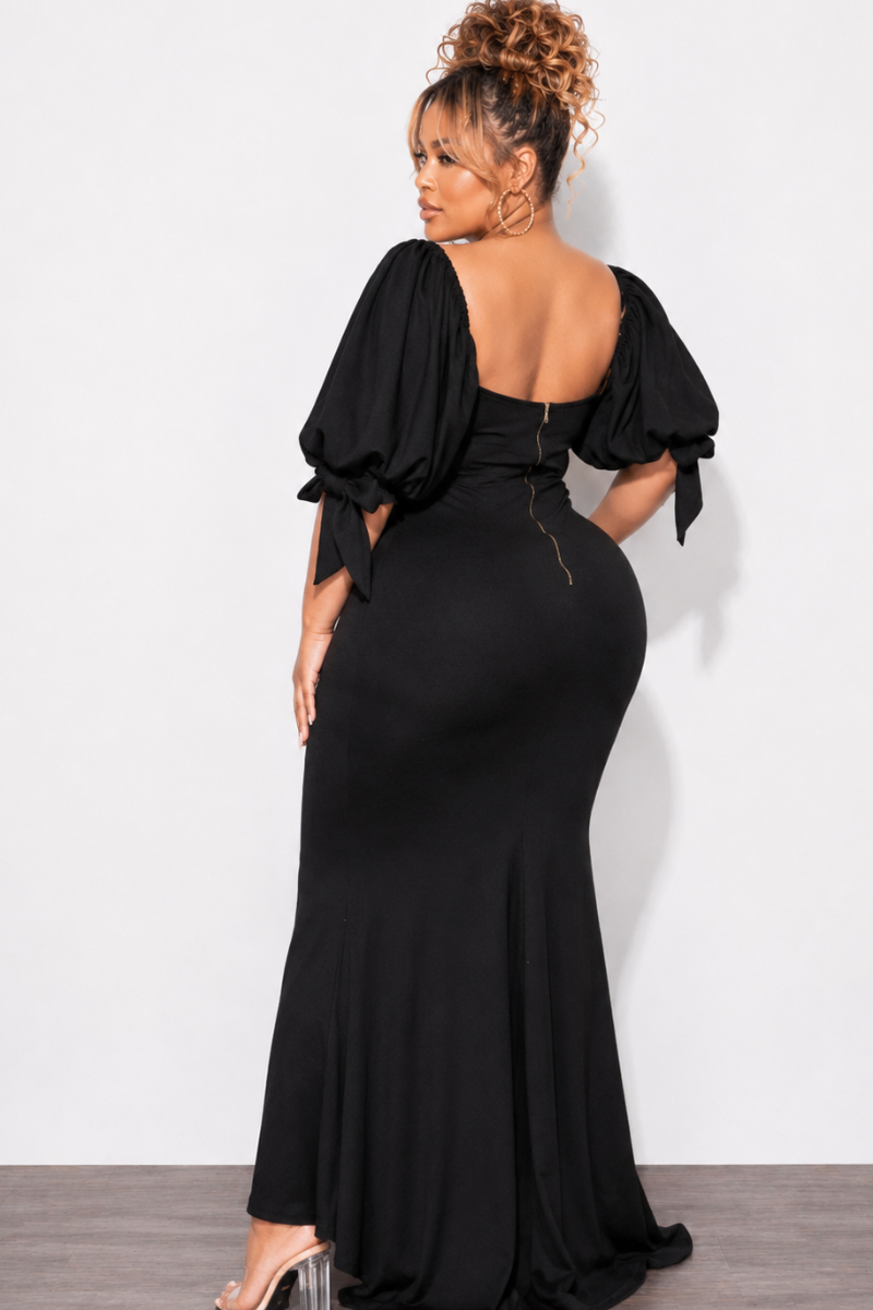 Final Sale Plus Size Puffy Sleeve Gown with Front Slit in Black