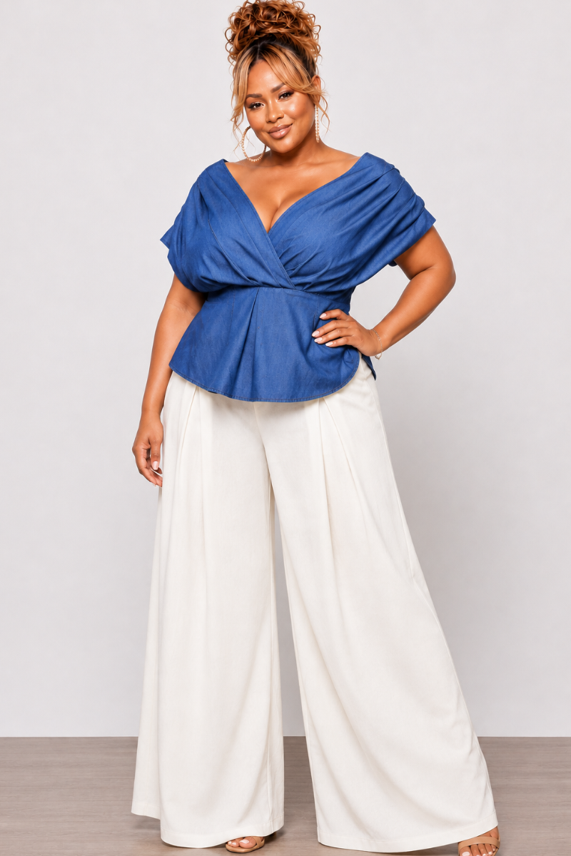 Final Sale Plus Size Pleated Blouse Top in Medium Denim