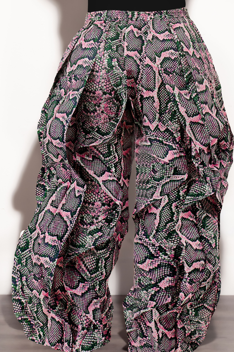 Final Sale Plus Size Wide Leg Drawstring Oversized Windbreaker Wavy Pants in Pink & Green Snake Print (Pants Only)