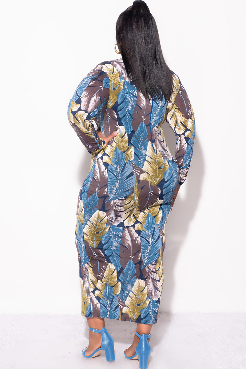 Final Sale Plus Size Reversible BodyCon Midi Dress in Leaf Print
