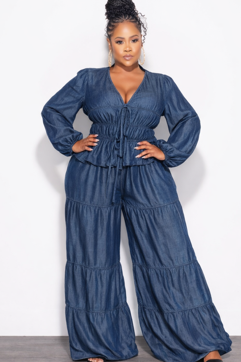 Final Sale Plus Size Long Sleeve Jumpsuit with Shirring Dark Denim Chambray