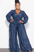 Final Sale Plus Size Long Sleeve Jumpsuit with Shirring Dark Denim Chambray