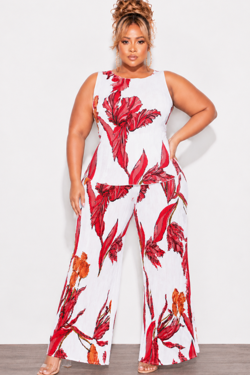 Final Sale Plus Size 2pc Sleeveless Wide Leg Pant Set in Red & White Print