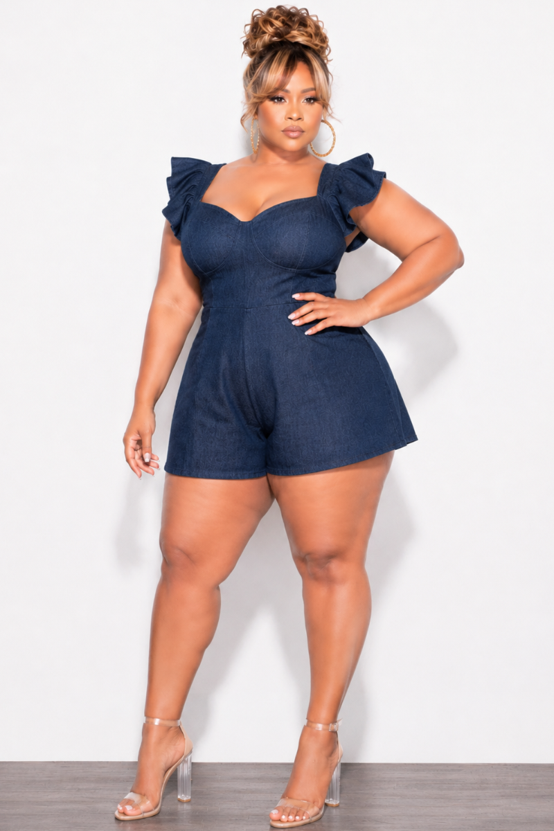 Final Sale Plus Size Sweetheart Ruffle Sleeve Romper in Denim