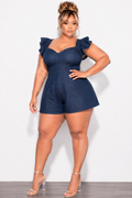 Final Sale Plus Size Sweetheart Ruffle Sleeve Romper in Denim
