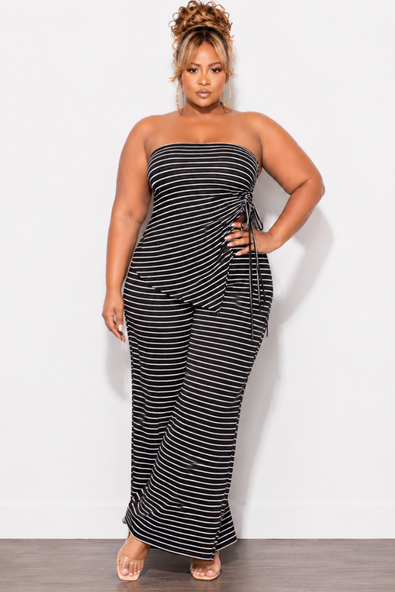 Final Sale Plus Size 2pc Tube Top and Wide Leg Pant Set In Black & White Stripe
