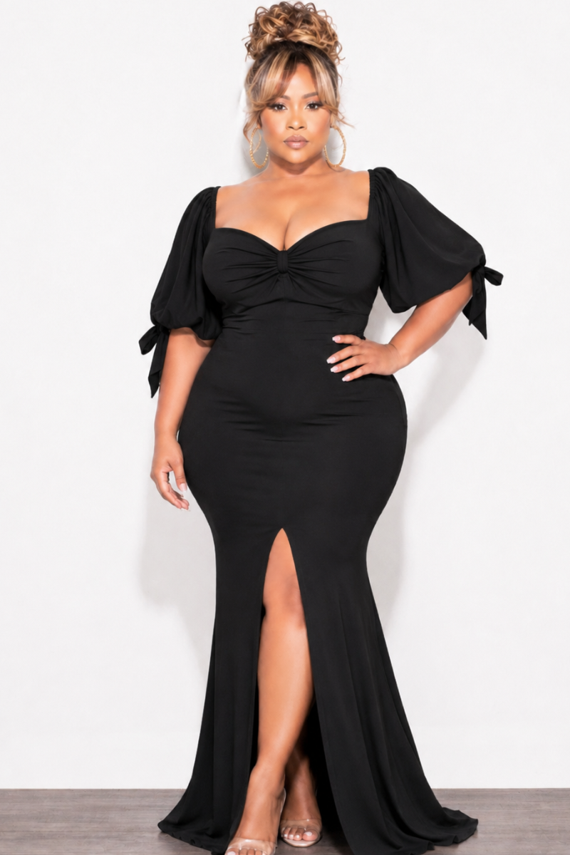 Final Sale Plus Size Puffy Sleeve Gown with Front Slit in Black