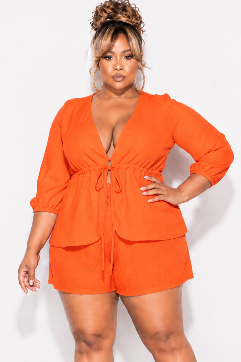Final Sale Plus Size 2pc Drawstring Top and Shorts Set in Burnt Orange