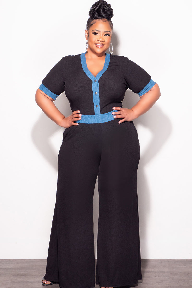 Final Sale Plus Size 2pc Set Short Sleeve Top and Pants in Black and Blue