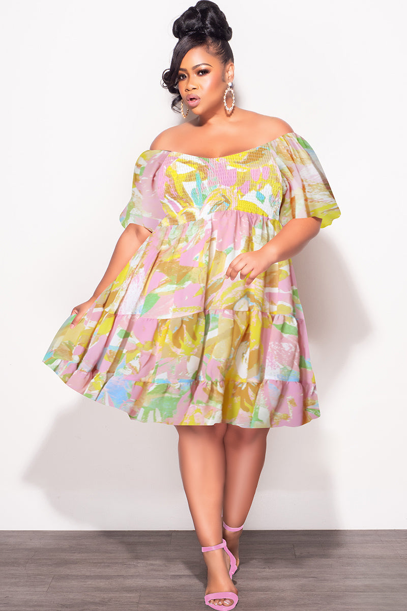 Final Sale Plus Size Smocked Chiffon Baby Doll Dress in Pink & Yellow Print