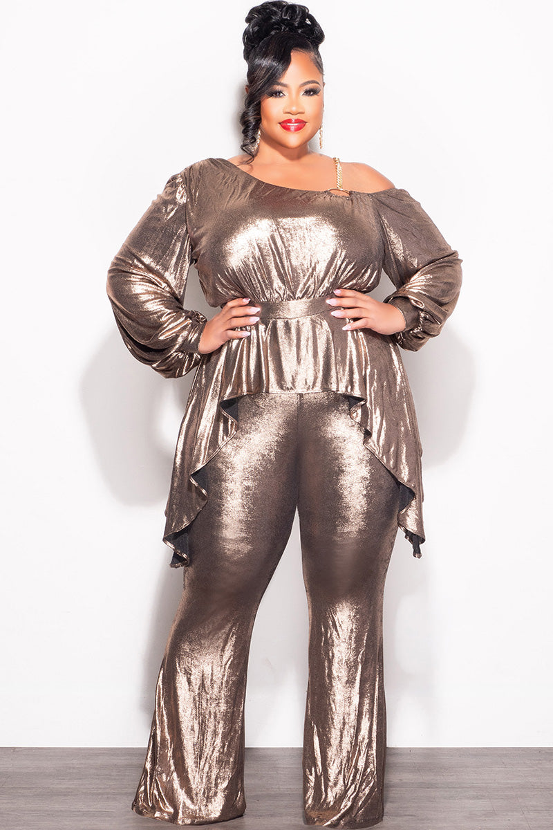 Final Sale Plus Size Cold Shoulder with Gold Chain & Asymmetrical Ruffle Peplum Jumpsuit in Gold Metallic
