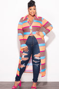 Final Sale Plus Size Ribbed Collar Button Up High-Low Top in Orange Multi Color Print