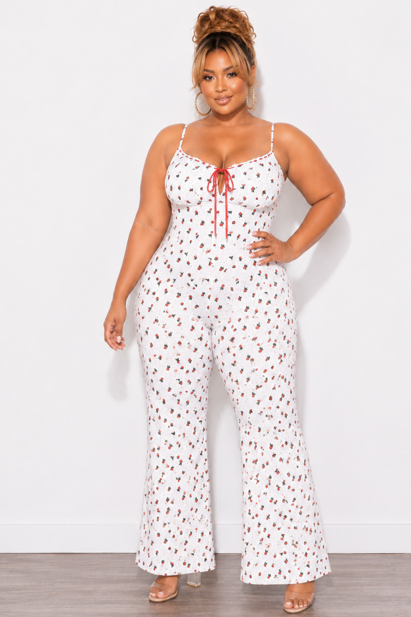 Final Sale Plus Size Jumpsuit In White Cream Ivory With Red Roses