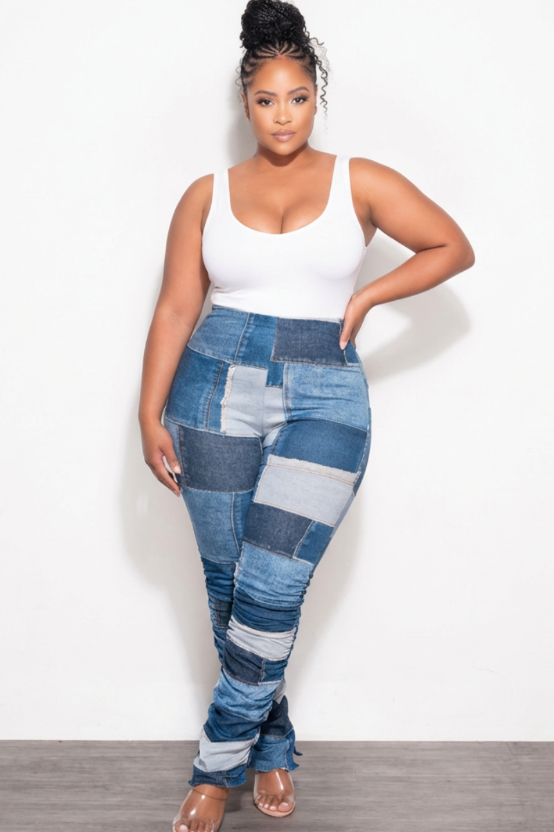 Final Sale Plus Size Faux Denim Printed Patchwork Print Coat
