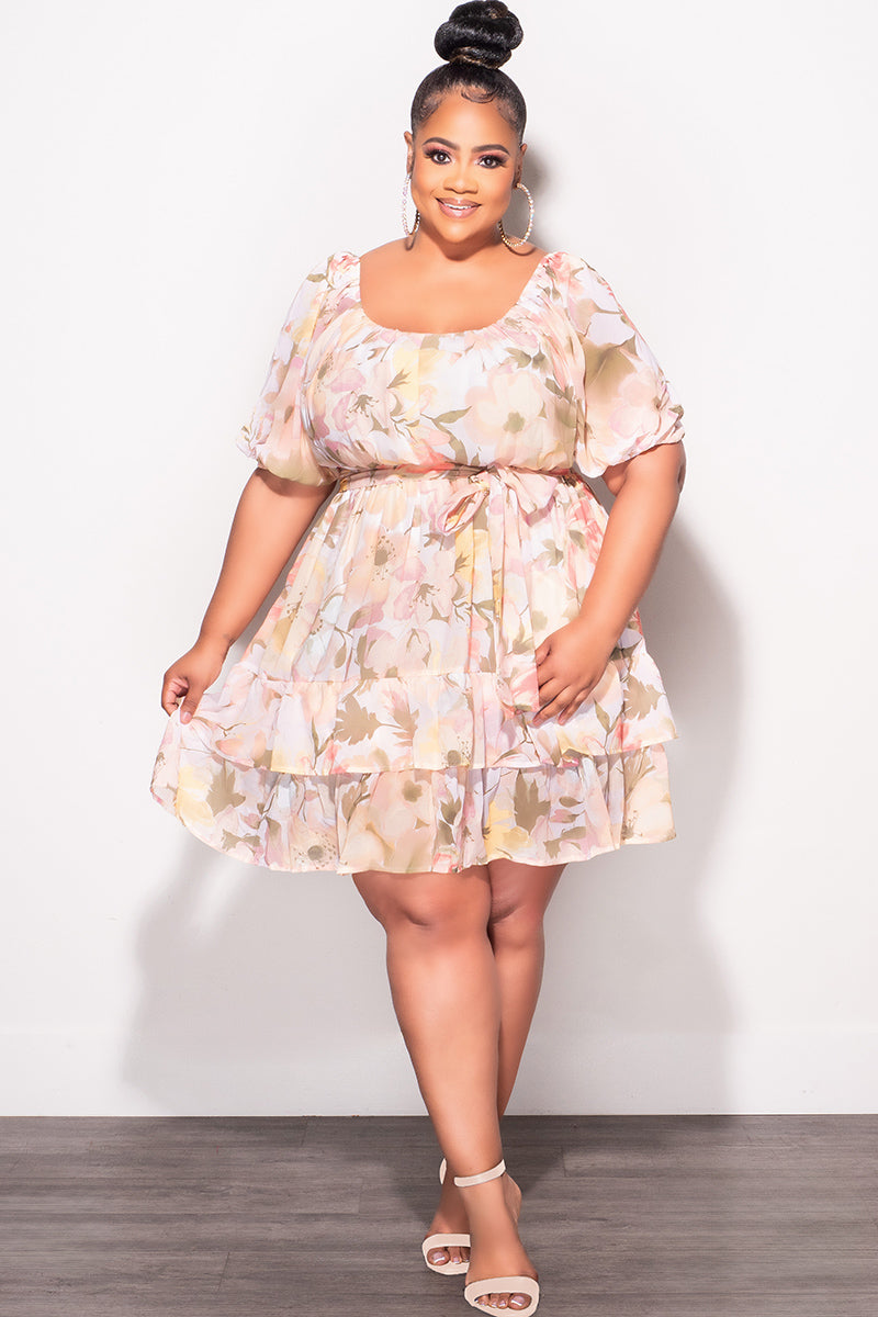 Final Sale Plus Size Chiffon Dress in Beige, Green, & White Floral Print