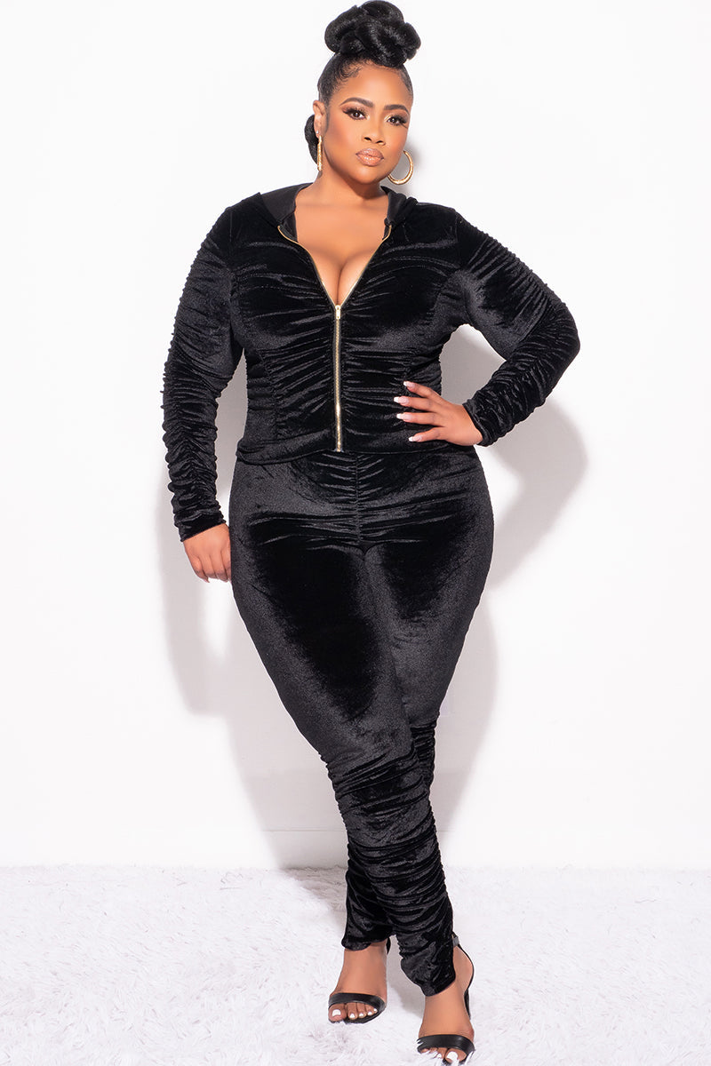 Final Sale Plus Size 2pc Ruched Hooded Zip-Up Top and Pants Set in Black Velvet