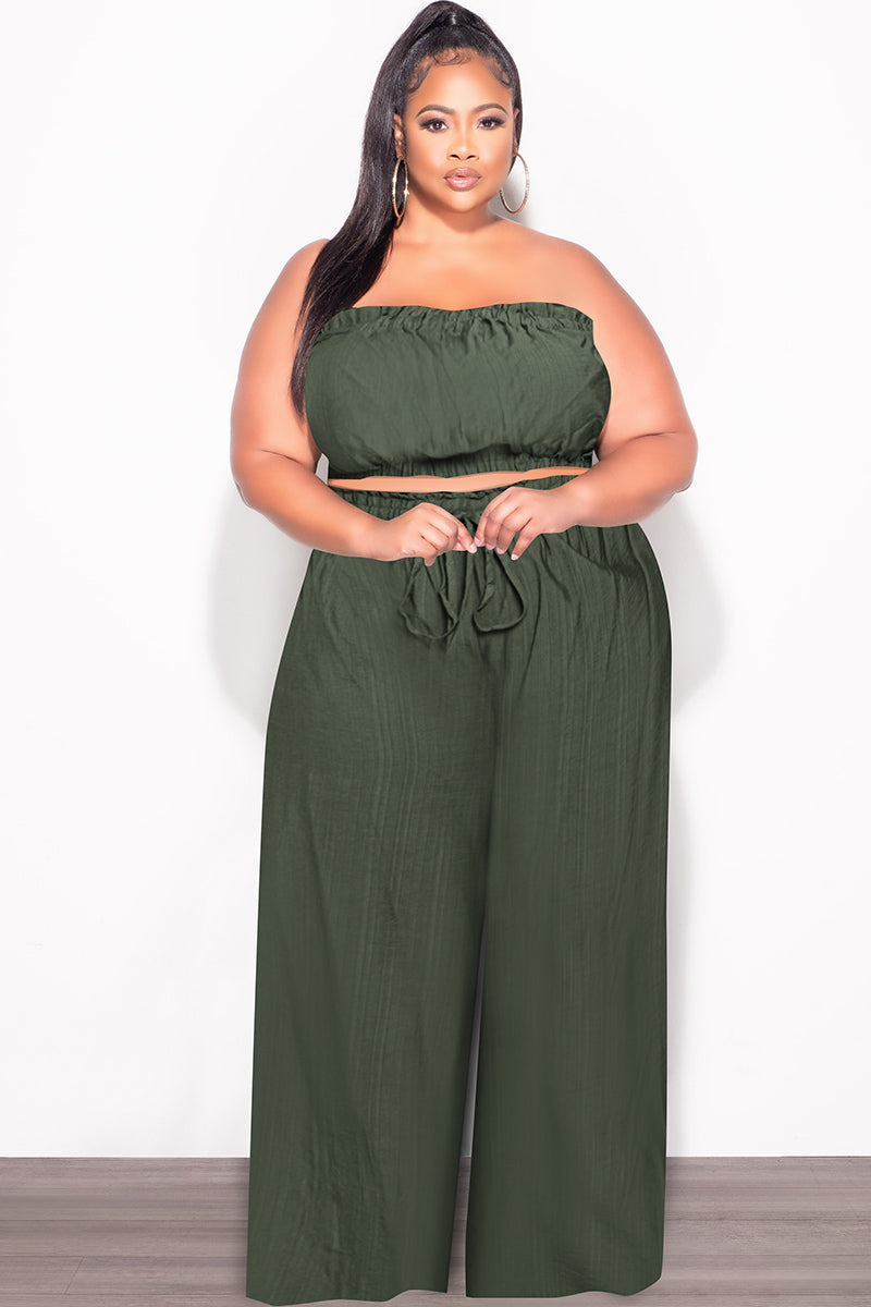Final Sale Plus Size 2pc Strapless Crop Top and Flare Pants Set In Dark Green