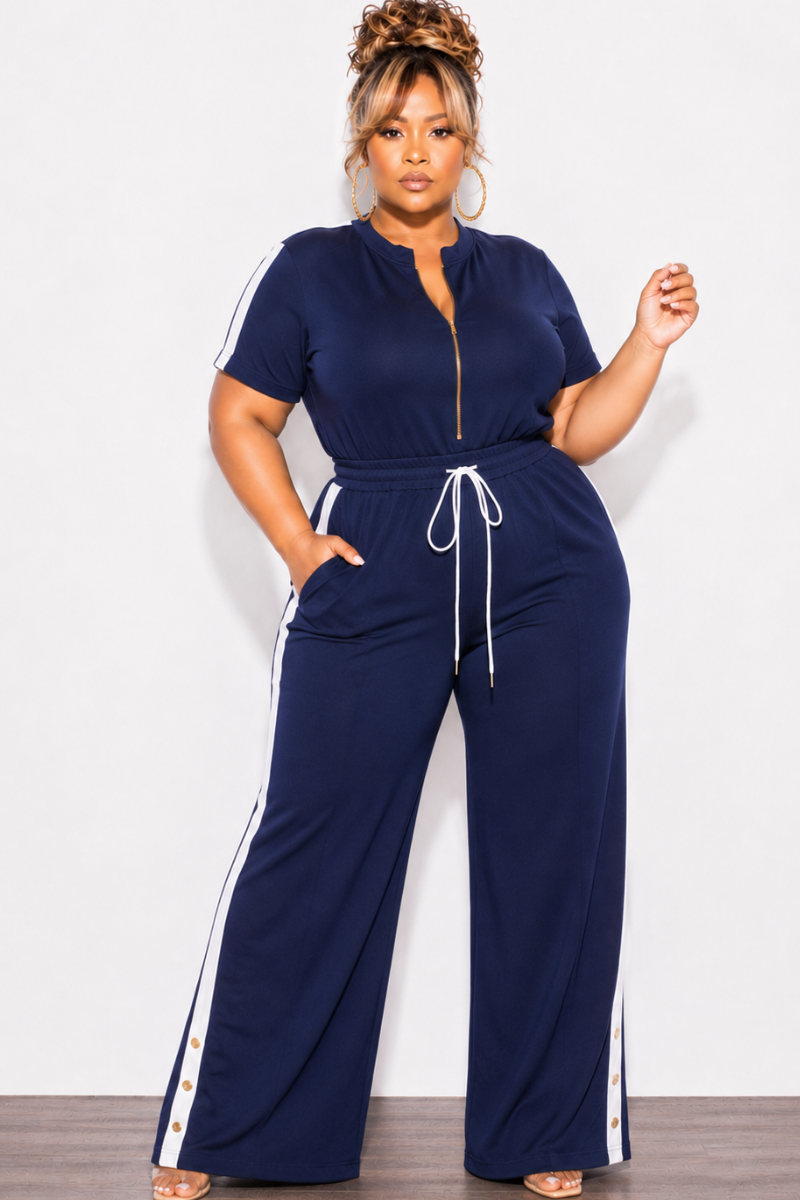 Final Sale Plus Size Short Sleeve Jumpsuit With Wide Leg In Navy & White