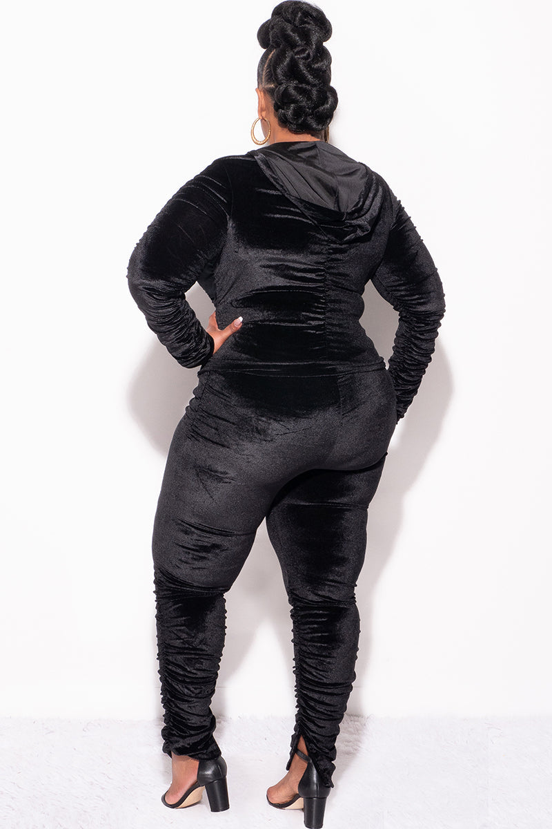 Final Sale Plus Size 2pc Ruched Hooded Zip-Up Top and Pants Set in Black Velvet