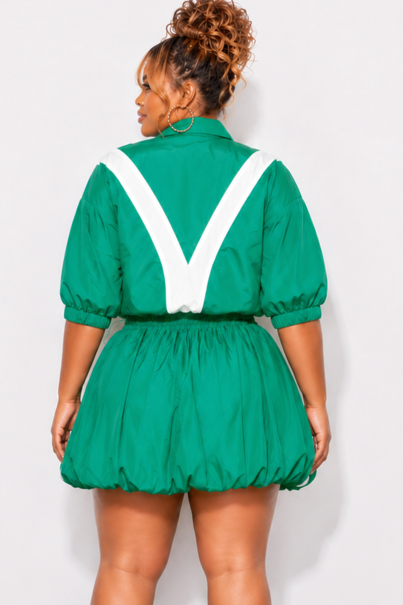 Final Sale Plus Size (Windbreaker Fabric) 2pc Skirt Set in Green with White Stripes
